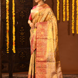Golden Metallic With Pink Contrast Zari Border In Kanjivaram Tissue Silk Saree