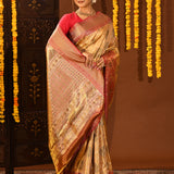 Golden Metallic With Pink Contrast Zari Border In Kanjivaram Tissue Silk Saree