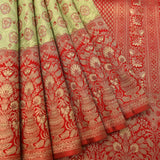 Pista Green & Scarlet Red Kanjivaram Silk Saree With Floral Butti Body & Grand Kalash Pallu