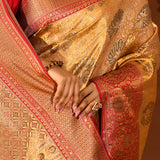 Golden Metallic With Pink Contrast Zari Border In Kanjivaram Tissue Silk Saree
