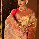 Golden Metallic With Pink Contrast Zari Border In Kanjivaram Tissue Silk Saree