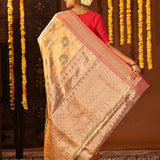 Golden Metallic With Pink Contrast Zari Border In Kanjivaram Tissue Silk Saree