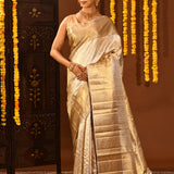 Antique Gold With Silver-Edged Zari Weave Kanjivaram Silk Saree