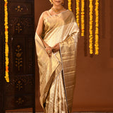 Antique Gold With Silver-Edged Zari Weave Kanjivaram Silk Saree