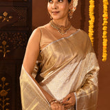 Antique Gold With Silver-Edged Zari Weave Kanjivaram Silk Saree