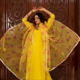 Sunshine Yellow Cotton Salwar Set With Floral Organza Dupatta