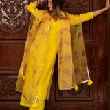 Sunshine Yellow Cotton Salwar Set With Floral Organza Dupatta