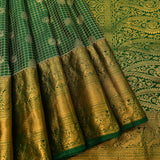 Emerald Green & Pure Gold Kanjivaram Silk Saree With Gold Checks, Medallion Buttas & Paisley Vine Pallu