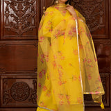 Sunshine Yellow Cotton Salwar Set With Floral Organza Dupatta