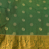 Emerald Green & Pure Gold Kanjivaram Silk Saree With Gold Checks, Medallion Buttas & Paisley Vine Pallu