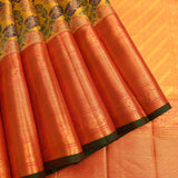 Sunshine Yellow Kanjivaram Silk Saree With Multicolour Tropical Floral Jaal & Coral Orange Zari Border