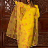 Sunshine Yellow Cotton Salwar Set With Floral Organza Dupatta