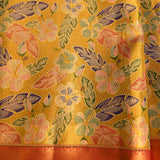 Sunshine Yellow Kanjivaram Silk Saree With Multicolour Tropical Floral Jaal & Coral Orange Zari Border