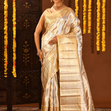 Silver And Gold With Dual-Tone Zari Check Weaving On Kanjivaram Silk Saree