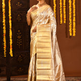 Silver And Gold With Dual-Tone Zari Check Weaving On Kanjivaram Silk Saree