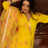 Sunshine Yellow Cotton Salwar Set With Floral Organza Dupatta