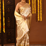 Silver And Gold With Dual-Tone Zari Check Weaving On Kanjivaram Silk Saree