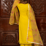 Sunshine Yellow Cotton Salwar Set With Floral Organza Dupatta