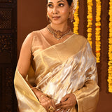 Silver And Gold With Dual-Tone Zari Check Weaving On Kanjivaram Silk Saree