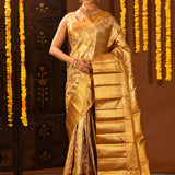 Antique Gold Kanjivaram Silk Saree With Silver Floral Vine Weave
