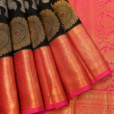 Midnight Black & Hot Pink Kanjivaram Silk Saree With Silver Leaf Jaal, Grand Sunflower Buttas & Paisley Pallu