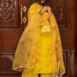 Sunshine Yellow Cotton Salwar Set With Floral Organza Dupatta