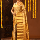 Antique Gold Kanjivaram Silk Saree With Silver Floral Vine Weave