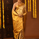 Antique Gold Kanjivaram Silk Saree With Silver Floral Vine Weave