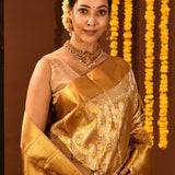 Antique Gold Kanjivaram Silk Saree With Silver Floral Vine Weave