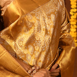 Antique Gold Kanjivaram Silk Saree With Silver Floral Vine Weave