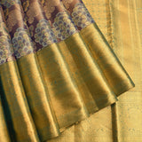 Dusty Mauve & Gold Kanjivaram Silk Saree With Multicolour Floral Tree Buttas & Teal Gold Zari Pallu