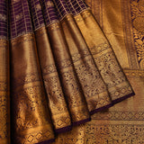 Deep Grape Purple & Pure Gold Kanjivaram Silk Saree With Gold Checks, Floral Buttas & Peacock Vine Pallu