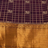 Deep Grape Purple & Pure Gold Kanjivaram Silk Saree With Gold Checks, Floral Buttas & Peacock Vine Pallu