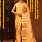 Luminous Light Gold Kanjivaram Silk Saree With All-Over Geometric Brocade