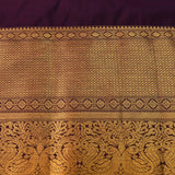 Deep Grape Purple & Pure Gold Kanjivaram Silk Saree With Gold Checks, Floral Buttas & Peacock Vine Pallu
