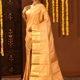 Luminous Light Gold Kanjivaram Silk Saree With All-Over Geometric Brocade