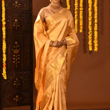 Luminous Light Gold Kanjivaram Silk Saree With All-Over Geometric Brocade