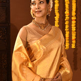 Luminous Light Gold Kanjivaram Silk Saree With All-Over Geometric Brocade