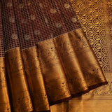 Deep Burgundy & Pure Gold Kanjivaram Silk Saree With Gold Checks, Peacock Buttas & Scrolling Vine Pallu