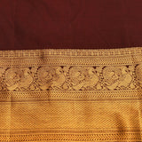 Deep Burgundy & Pure Gold Kanjivaram Silk Saree With Gold Checks, Peacock Buttas & Scrolling Vine Pallu