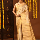 Cream Gold With Silver Floral Jaal Weave On Kanjivaram Silk Saree