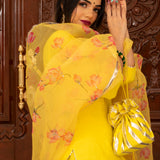 Sunshine Yellow Cotton Salwar Set With Floral Organza Dupatta