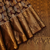Deep Chocolate Brown & Antique Gold Kanjivaram Silk Saree With Silver-Gold Lotus Jaal & Peacock Pallu