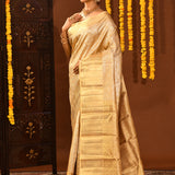 Cream Gold With Silver Floral Jaal Weave On Kanjivaram Silk Saree