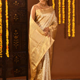 Cream Gold With Silver Floral Jaal Weave On Kanjivaram Silk Saree