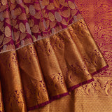 Deep Magenta & Antique Gold Kanjivaram Silk Saree With Silver-Gold Lotus Jaal & Peacock Scrolling Pallu