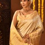 Cream Gold With Silver Floral Jaal Weave On Kanjivaram Silk Saree
