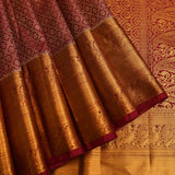 Deep Crimson & Pure Gold Kanjivaram Silk Saree With Dense Mini Floral Jaal & Peacock Scrolling Pallu