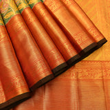 Teal Green & Coral Orange Kanjivaram Silk Saree With Multicolour Tropical Floral Jaal & Gold Zari Pallu