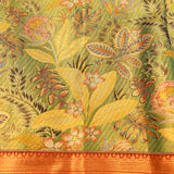 Teal Green & Coral Orange Kanjivaram Silk Saree With Multicolour Tropical Floral Jaal & Gold Zari Pallu